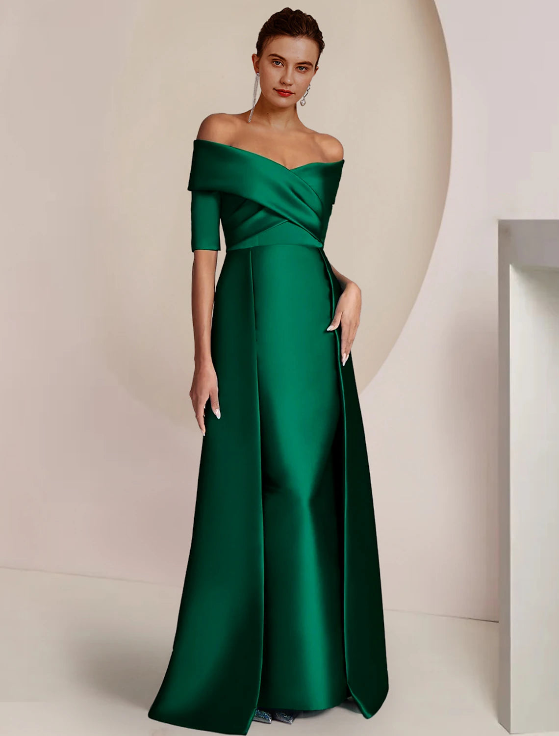 Sheath / Column Mother of the Bride Dress Formal Wedding Guest Elegant Party Off Shoulder Floor Length Satin Half Sleeve