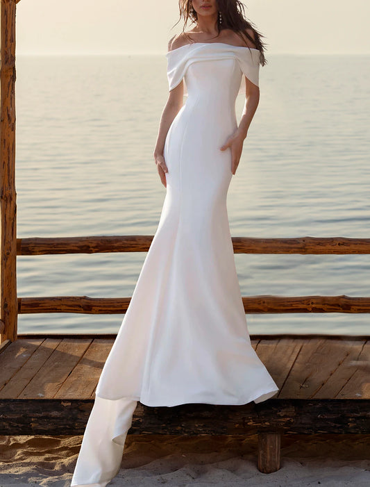 Beach Simple Wedding Dresses Mermaid / Trumpet Off Shoulder Cap Sleeve Court Train Satin Bridal Gowns