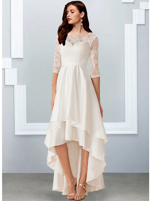 Bachelorette Party Little White Dresses Wedding Dresses Asymmetrical A-Line Half Sleeve Illusion Neck Chiffon