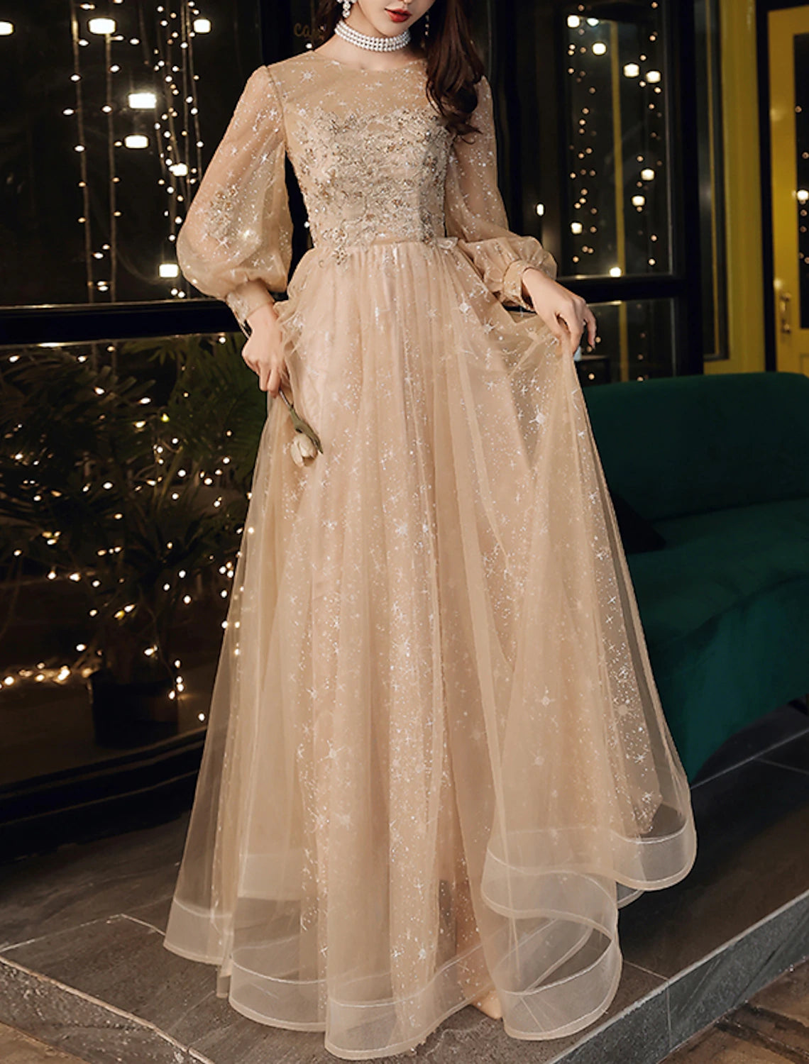 A-Line Evening Dresses Cute Dress Wedding Guest Party Wear Floor Length Long Sleeve Jewel Neck Tulle