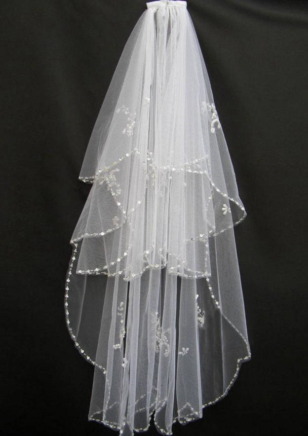 Two-tier Fingertip Bridal Veils With Beading Sequin