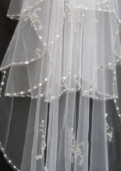 Two-tier Fingertip Bridal Veils With Beading Sequin