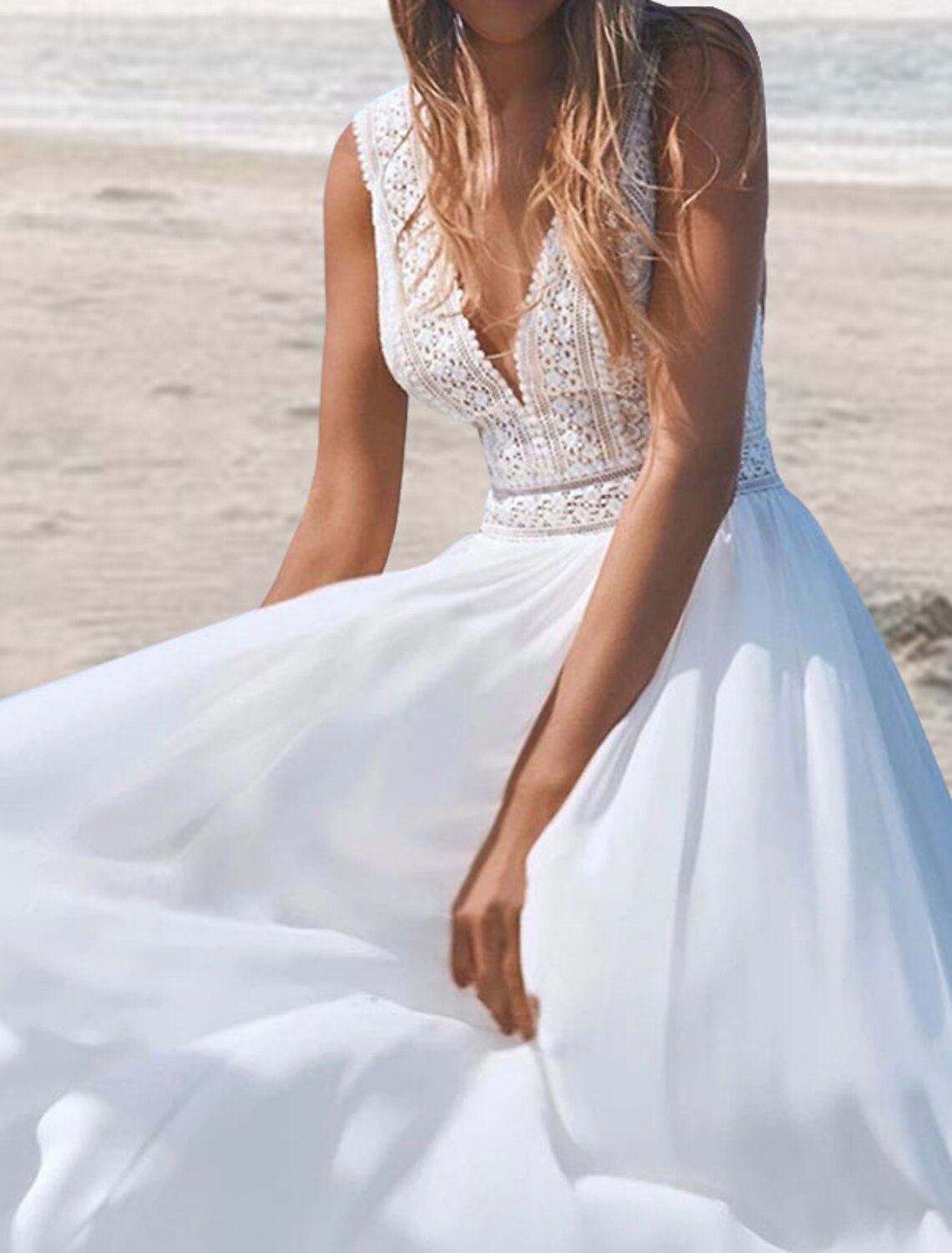 Beach Open Back Boho Wedding Dresses A-Line V Neck Sleeveless Floor Length Chiffon Bridal Gowns