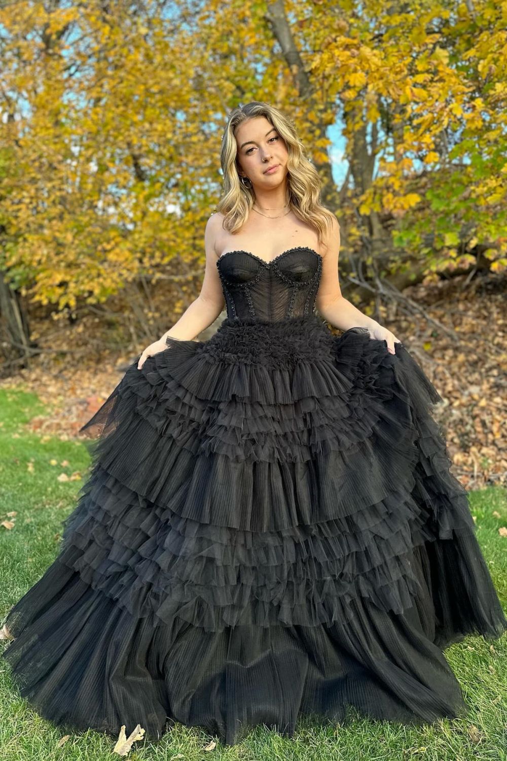 Weitese Princess A Line Sweetheart Black Corset Prom Dress with Ruffles