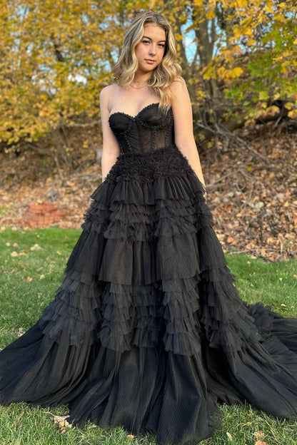 Weitese Princess A Line Sweetheart Black Corset Prom Dress with Ruffles