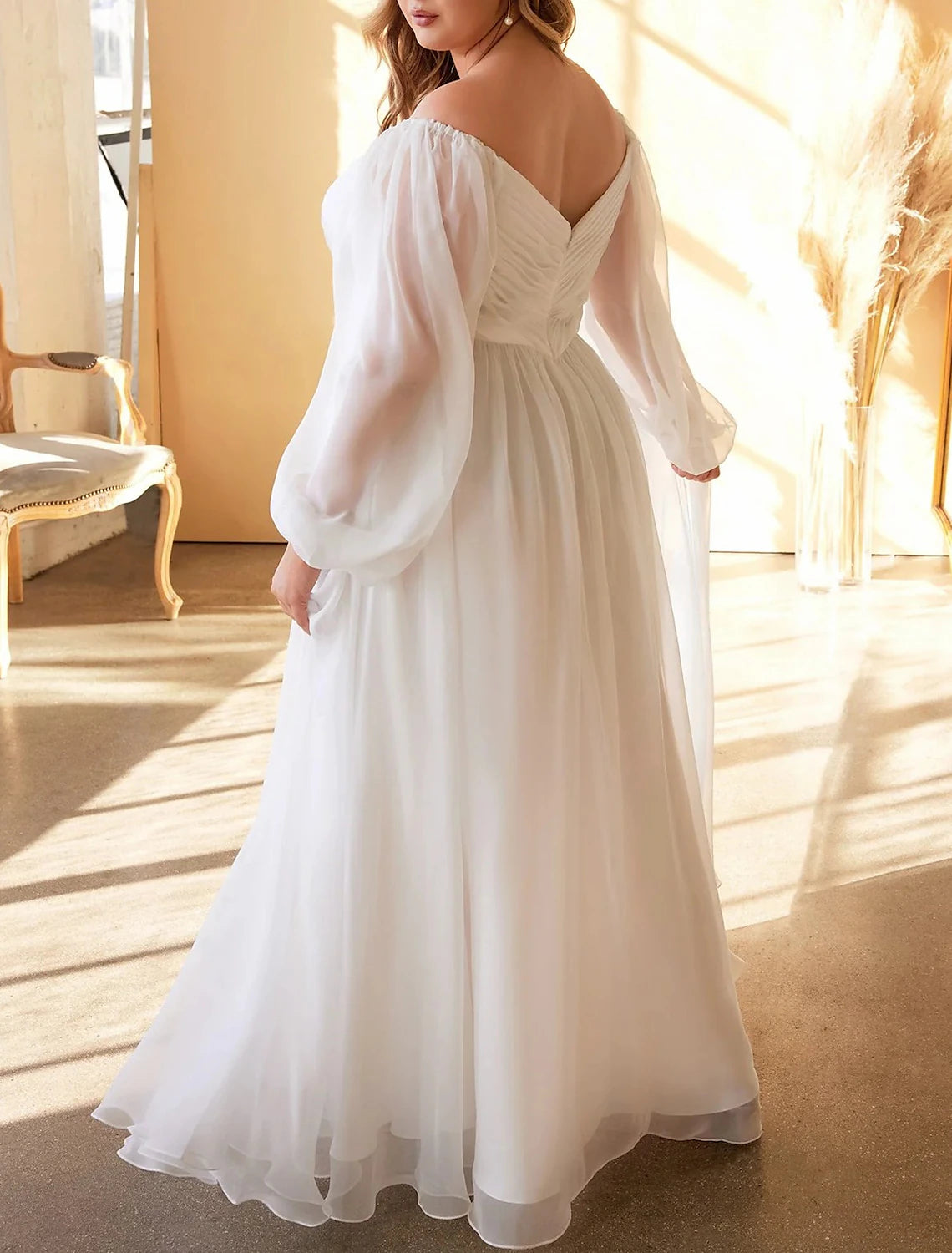 Beach Simple Wedding Dresses A-Line Off Shoulder Long Sleeve Floor Length Chiffon Bridal Gowns