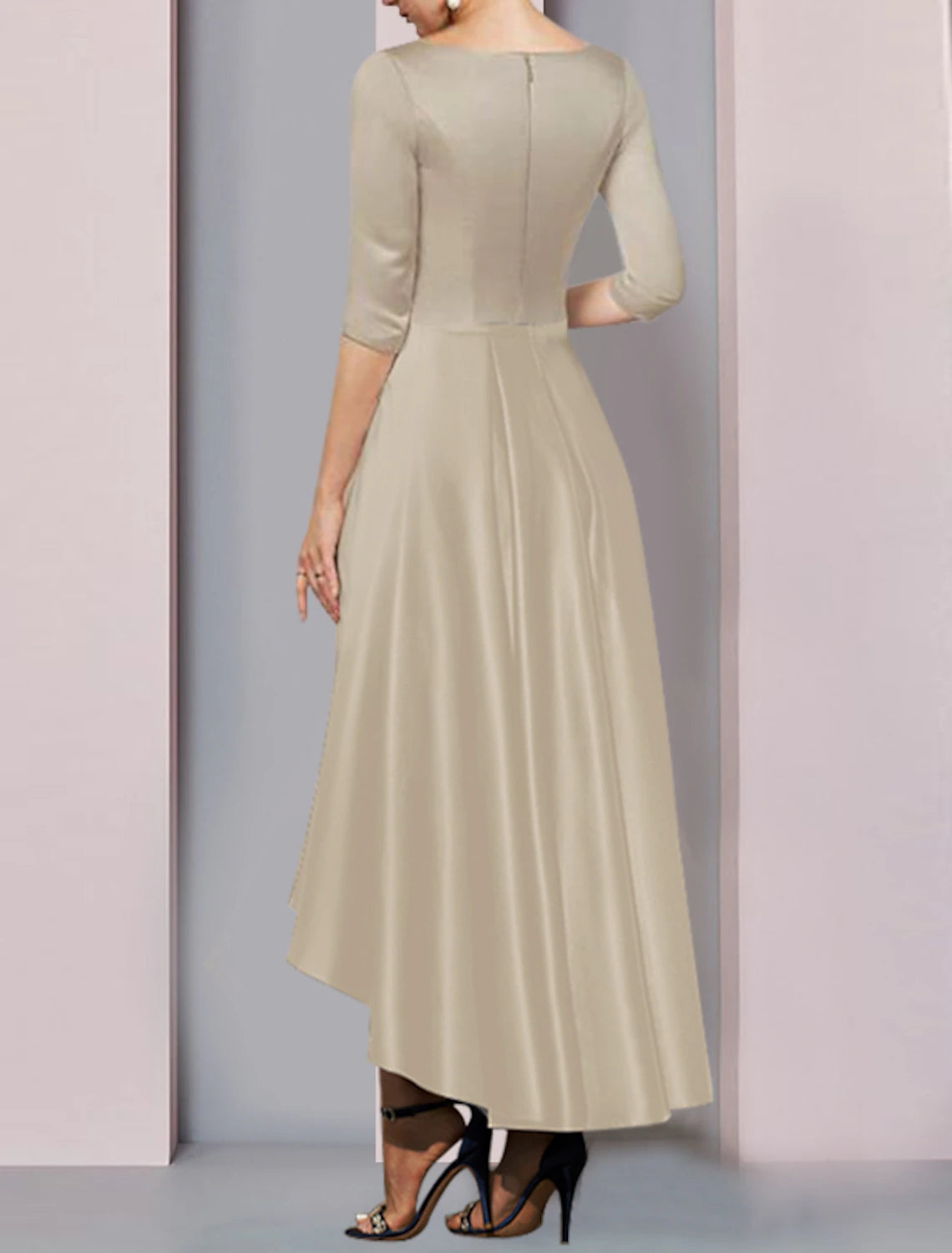 A-Line Mother of the Bride Dress Wedding Guest Elegant High Low V Neck Asymmetrical Ankle Length Satin Half Sleeve