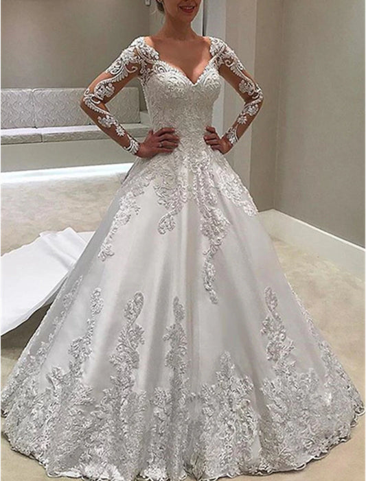 Engagement Formal Wedding Dresses Ball Gown Sweetheart Long Sleeve Court Train Satin Bridal Gowns