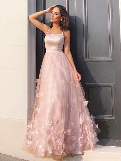 Tulle Hand-Made Flower Straps Floor-Length Sleeveless Dresses