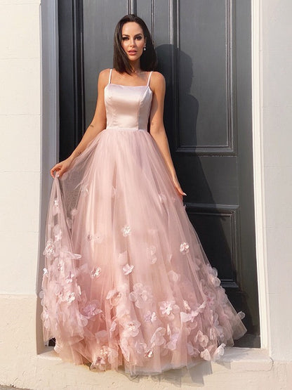 Tulle Hand-Made Flower Straps Floor-Length Sleeveless Dresses