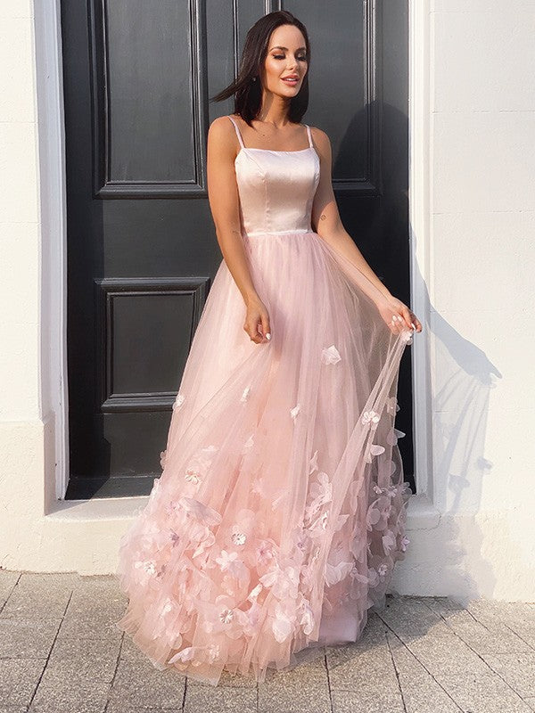 Tulle Hand-Made Flower Straps Floor-Length Sleeveless Dresses