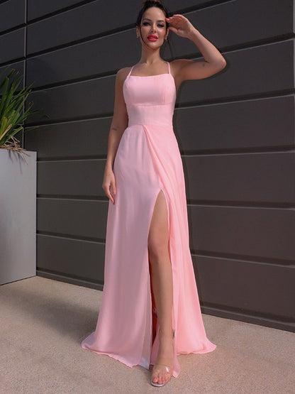 Floor-Length Halter Sleeveless Chiffon Ruffles Dresses