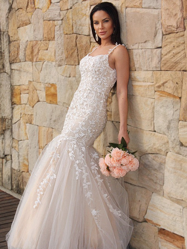 Tulle Applique Sleeveless Spaghetti Straps Floor-Length Dresses