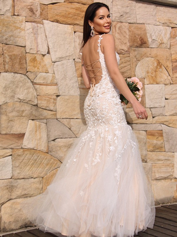 Tulle Applique Sleeveless Spaghetti Straps Floor-Length Dresses