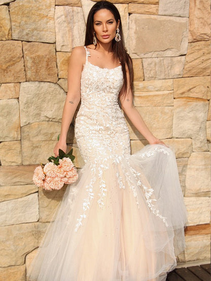 Tulle Applique Sleeveless Spaghetti Straps Floor-Length Dresses