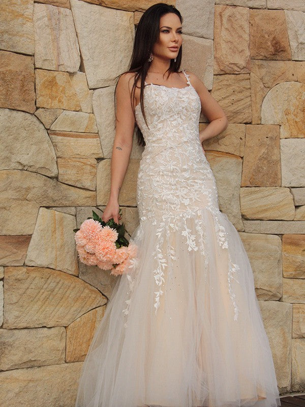 Tulle Applique Sleeveless Spaghetti Straps Floor-Length Dresses