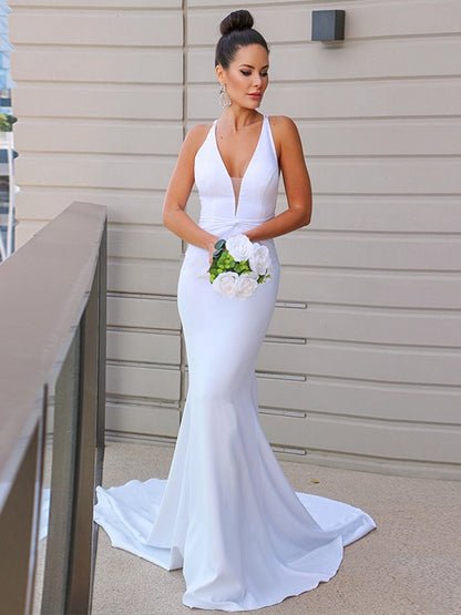 Crepe V-neck Ruched Sleeveless Sweep/Brush Train Wedding Dresses