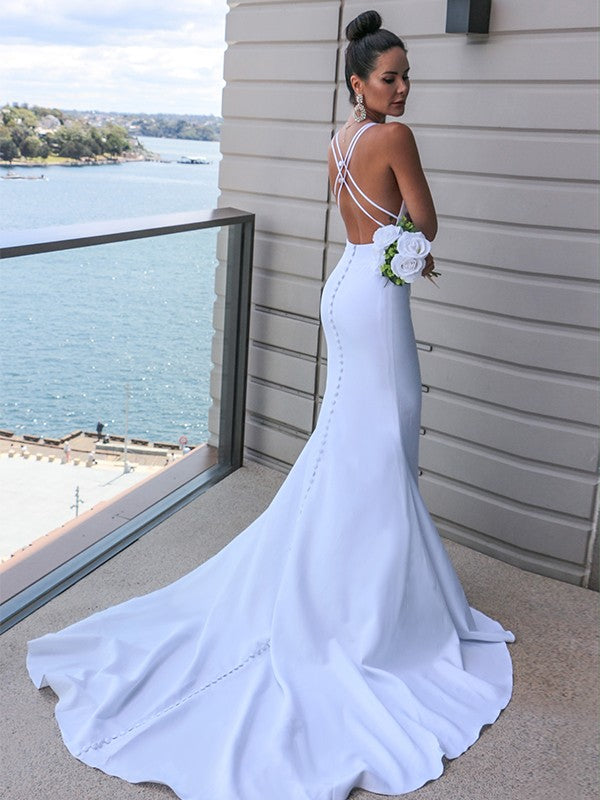 Crepe V-neck Ruched Sleeveless Sweep/Brush Train Wedding Dresses