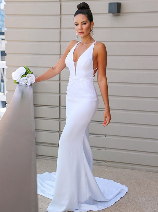 Crepe V-neck Ruched Sleeveless Sweep/Brush Train Wedding Dresses