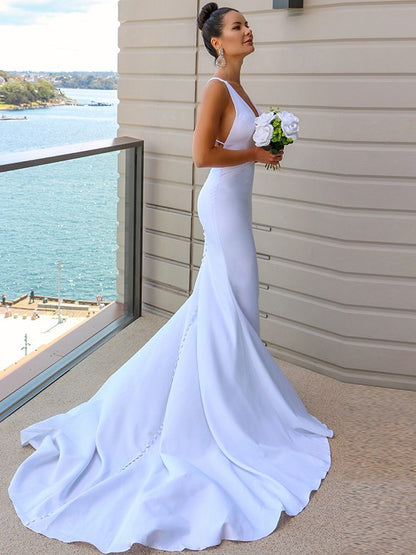 Crepe V-neck Ruched Sleeveless Sweep/Brush Train Wedding Dresses