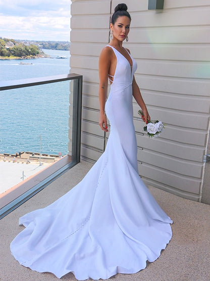 Crepe V-neck Ruched Sleeveless Sweep/Brush Train Wedding Dresses