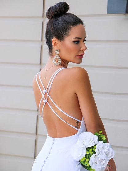 Crepe V-neck Ruched Sleeveless Sweep/Brush Train Wedding Dresses