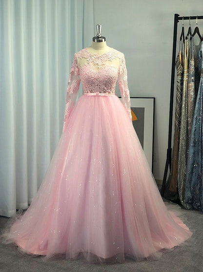 Long Sleeves Tulle Lace Jewel Sweep/Brush Train Dresses