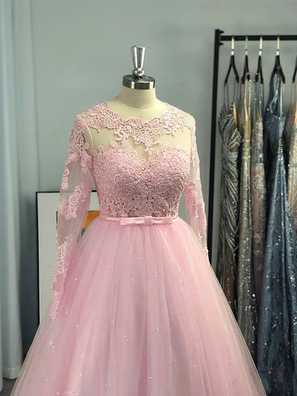 Long Sleeves Tulle Lace Jewel Sweep/Brush Train Dresses