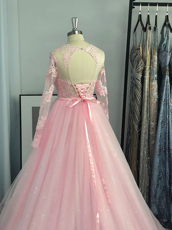 Long Sleeves Tulle Lace Jewel Sweep/Brush Train Dresses