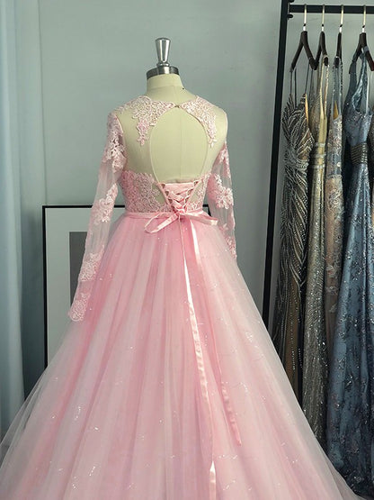 Long Sleeves Tulle Lace Jewel Sweep/Brush Train Dresses