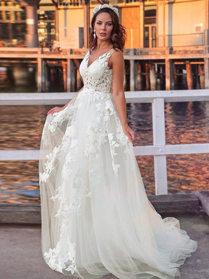 Sleeveless Applique V-neck Sweep/Brush Train Wedding Dresses