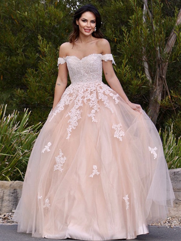 Tulle Applique Off-the-Shoulder Sleeveless Floor-Length Dresses