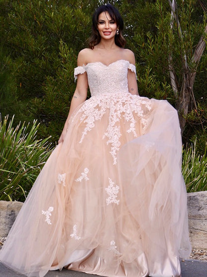 Tulle Applique Off-the-Shoulder Sleeveless Floor-Length Dresses