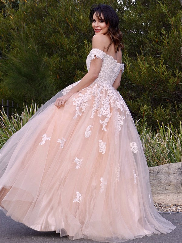 Tulle Applique Off-the-Shoulder Sleeveless Floor-Length Dresses