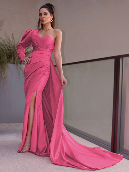 One-Shoulder Long Sleeves Ruched Charmeuse Sweep/Brush Train Dresses