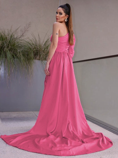 One-Shoulder Long Sleeves Ruched Charmeuse Sweep/Brush Train Dresses