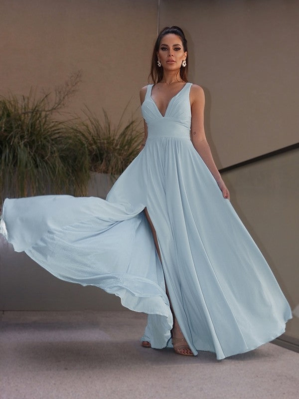 Ruffles Jersey V-neck Sleeveless Floor-Length Dresses