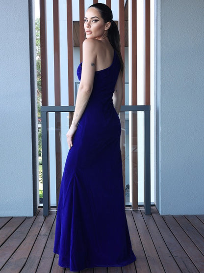 Velvet Ruched One-Shoulder Sleeveless Floor-Length Dresses