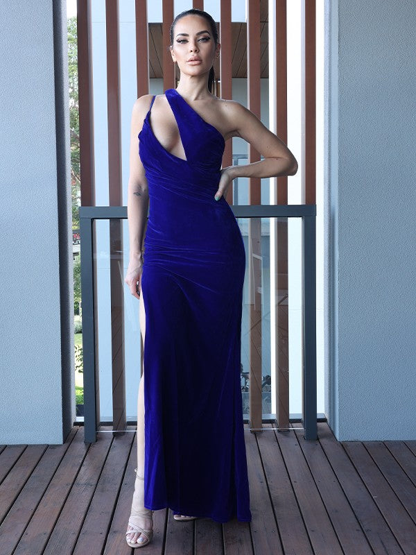 Velvet Ruched One-Shoulder Sleeveless Floor-Length Dresses