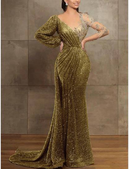 Sequin Mermaid / Trumpet Evening Gown Champagne Gold Elegant Dress Formal Red Green Dress Court Train Long Sleeve Illusion Neck Sequined