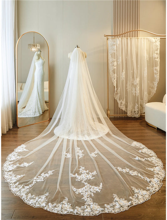 One-tier Lace Applique Edge / Lace Wedding Veil Cathedral Veils