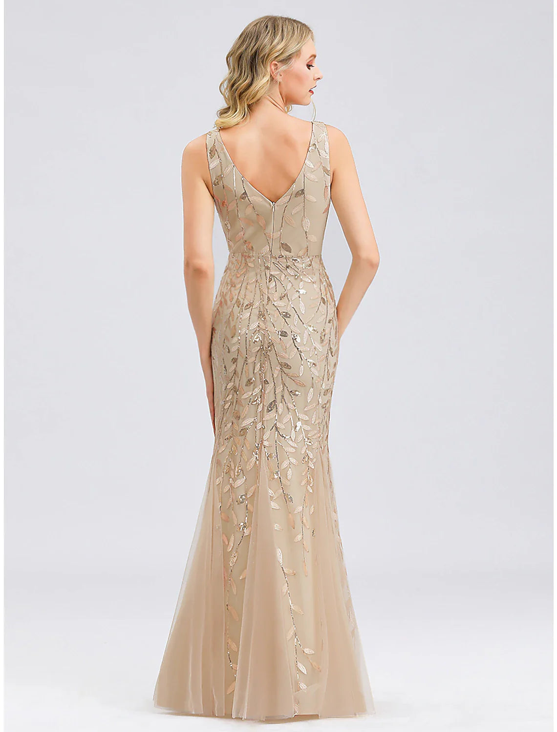 Evening Valentine's Day Dress V Neck V Back Sleeveless Floor Length Tulle with Sequin Appliques