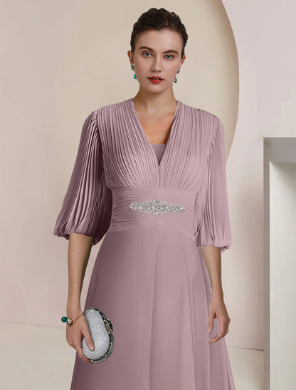 A-Line Mother of the Bride Dress Formal Wedding Guest Elegant Vintage Party V Neck Tea Length Chiffon 3/4 Length Sleeve