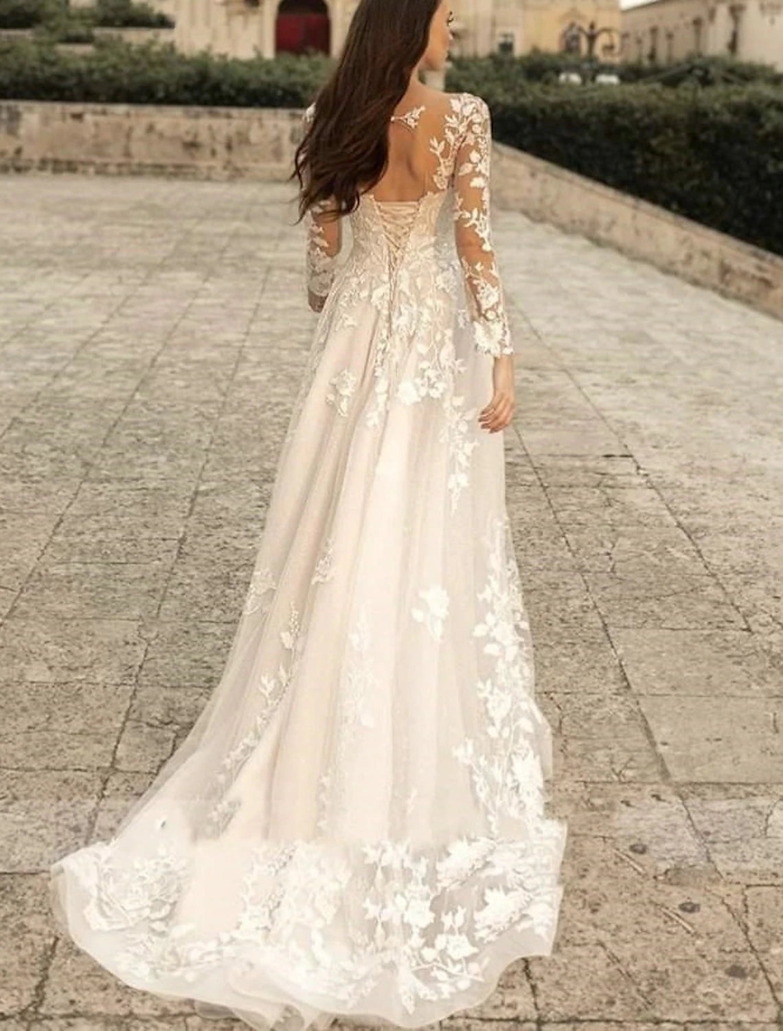 Beach Formal Wedding Dresses A-Line V Neck Long Sleeve Sweep / Brush Train Lace Bridal Gowns