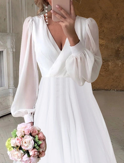 White Dress Simple A-Line V Neck Long Sleeve Asymmetrical Chiffon Wedding Dresses