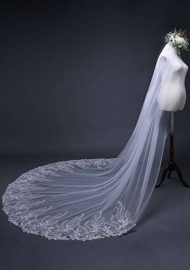 One-tier Cathedral Bridal Veils With Sequin