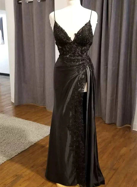 Black Satin with Lace V-neckline with Leg Slit Prom Dress