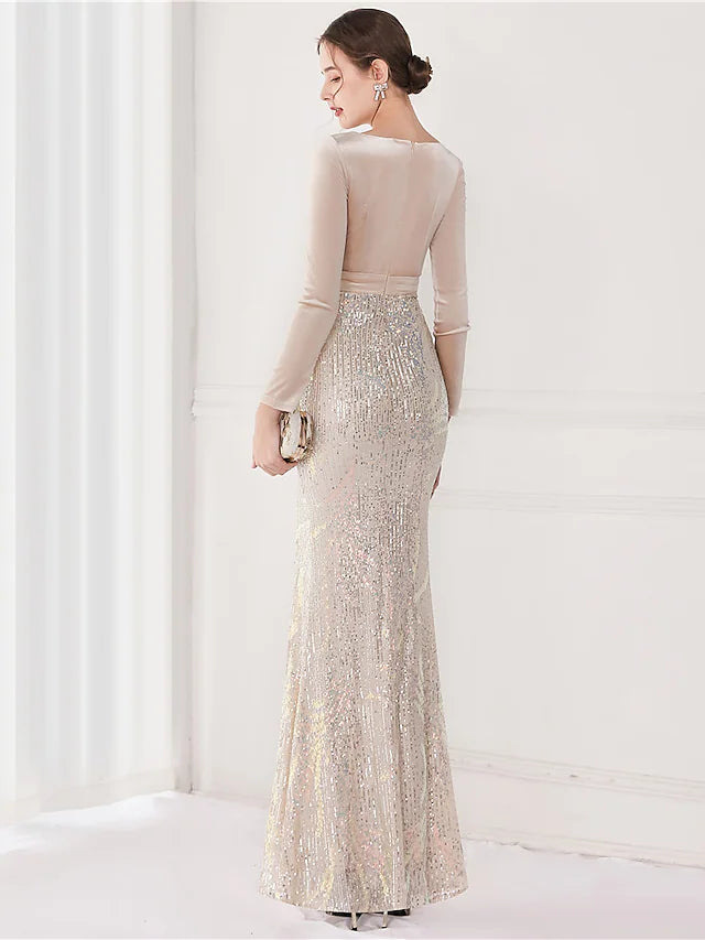 Evening Gown Elegant Dress Wedding Guest Floor Length Long Sleeve V Neck Sequined V Back