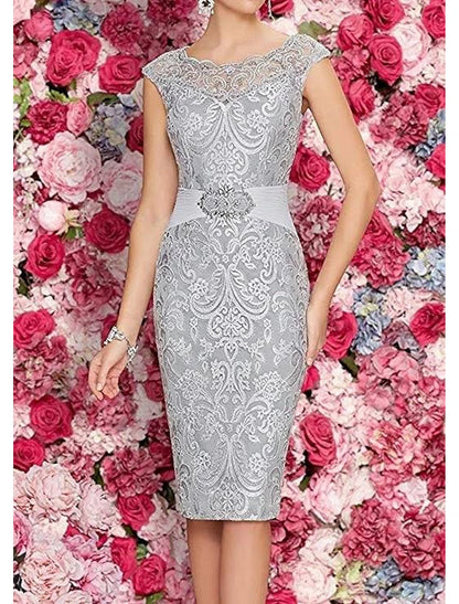 Two Piece Sheath / Column Mother of the Bride Dress Formal Wedding Guest Elegant Scoop Neck Knee Length Chiffon Lace Sleeveless Jacket Dresses