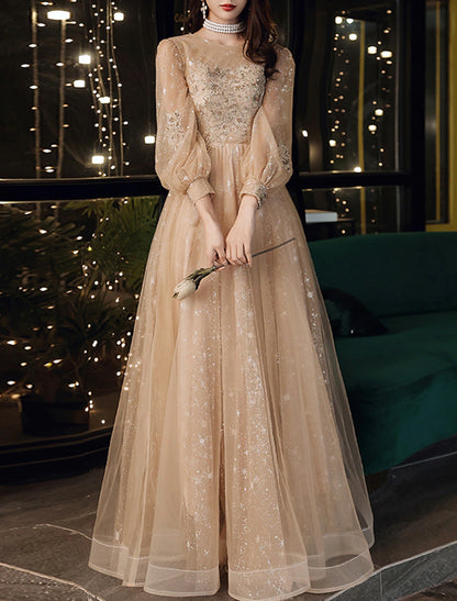 A-Line Evening Dresses Cute Dress Wedding Guest Party Wear Floor Length Long Sleeve Jewel Neck Tulle